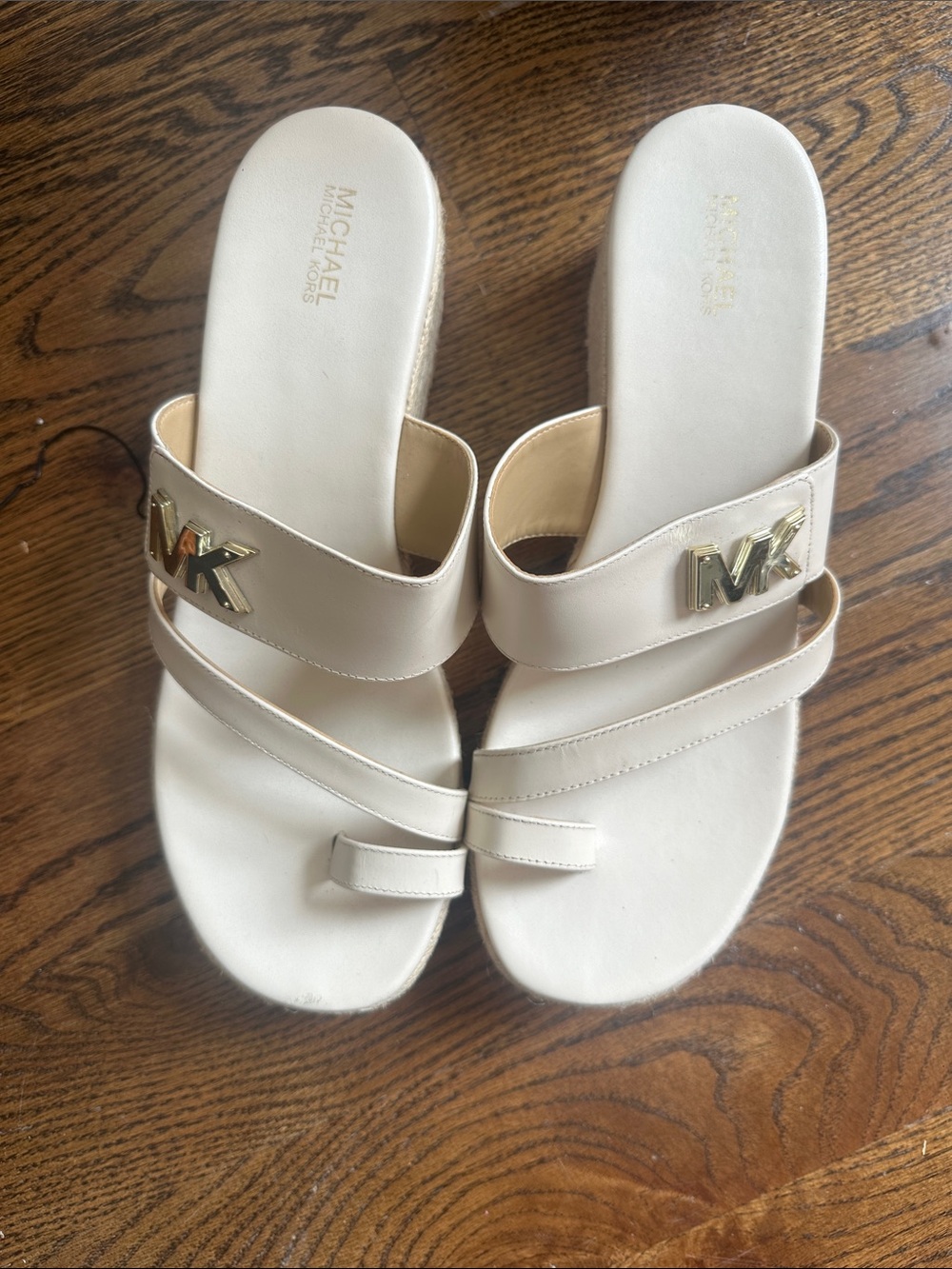 Michael Kors Cream Slide Sandals with Gold MK Accents
